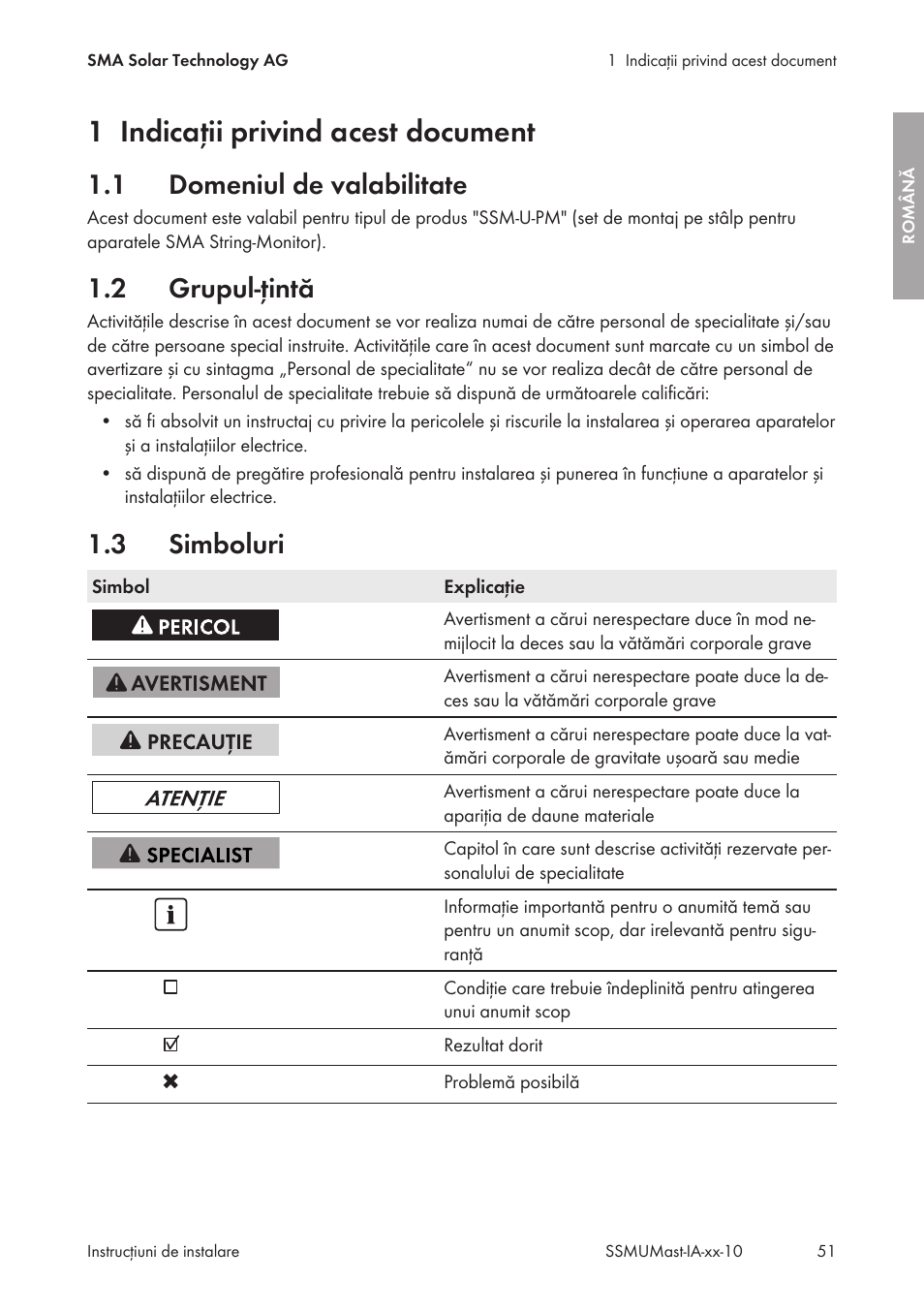 1 indicaţii privind acest document, 1 domeniul de valabilitate, 2 grupul-ţintă | 3 simboluri, Indicaţii privind acest document, Domeniul de valabilitate, Grupul-ţintă, Simboluri | SMA String-Monitors Pole Mounting Set User Manual | Page 51 / 74