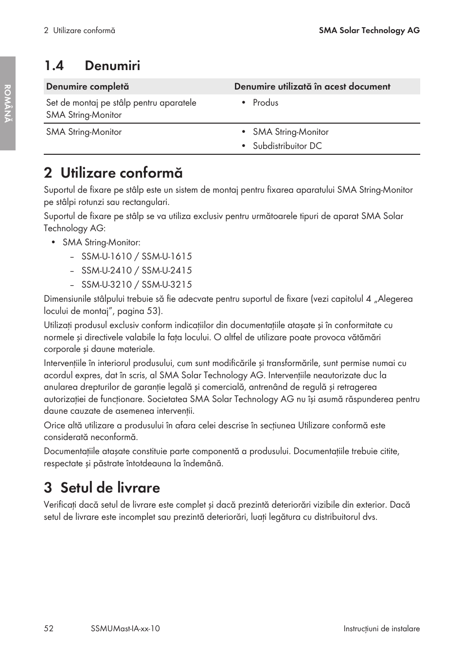 4 denumiri, 2 utilizare conformă, 3 setul de livrare | Denumiri, Utilizare conformă, Setul de livrare | SMA String-Monitors Pole Mounting Set User Manual | Page 52 / 74