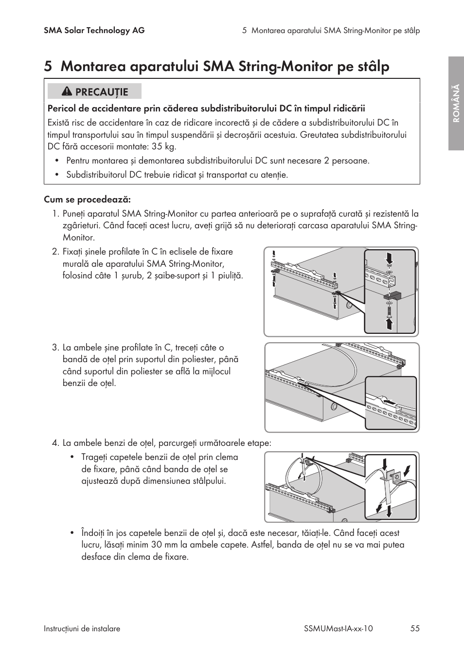 5 montarea aparatului sma string-monitor pe stâlp, Montarea aparatului sma string-monitor pe stâlp | SMA String-Monitors Pole Mounting Set User Manual | Page 55 / 74