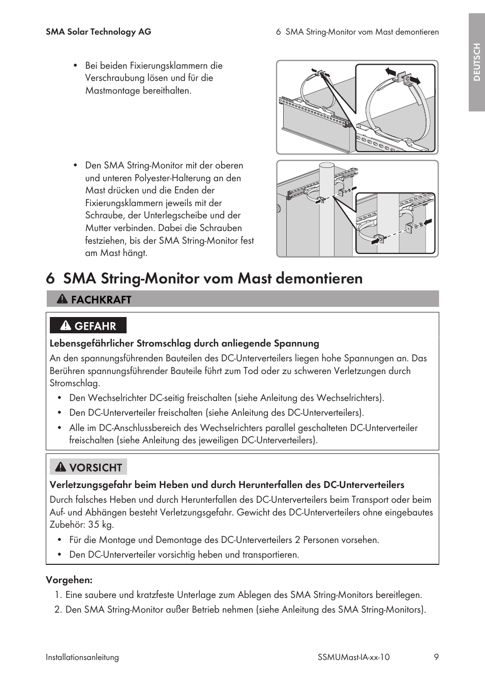 6 sma string-monitor vom mast demontieren, Sma string-monitor vom mast demontieren | SMA String-Monitors Pole Mounting Set User Manual | Page 9 / 74