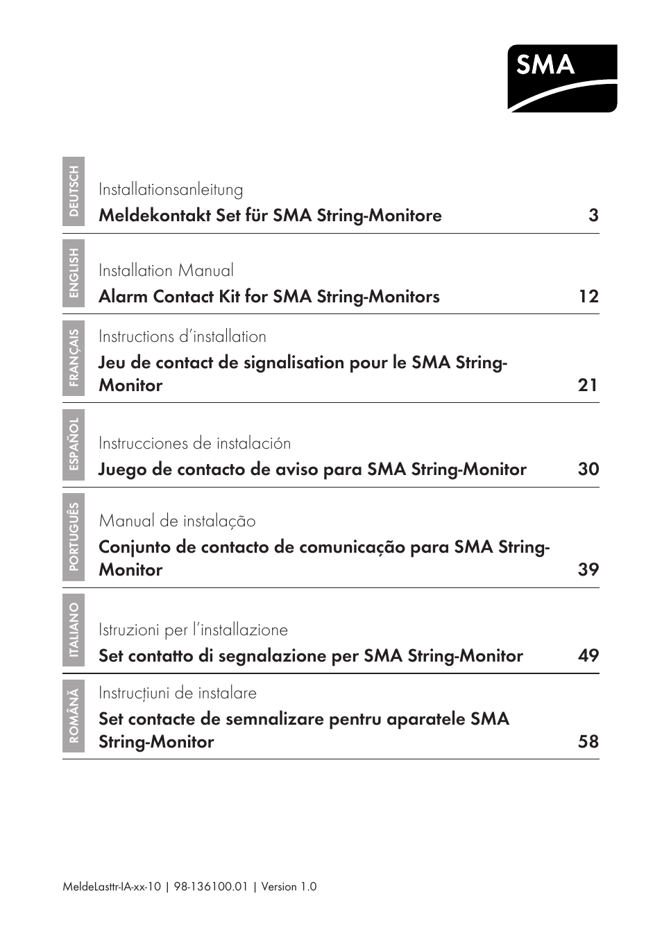 SMA String-Monitors Alarm Contact Kit User Manual | 86 pages