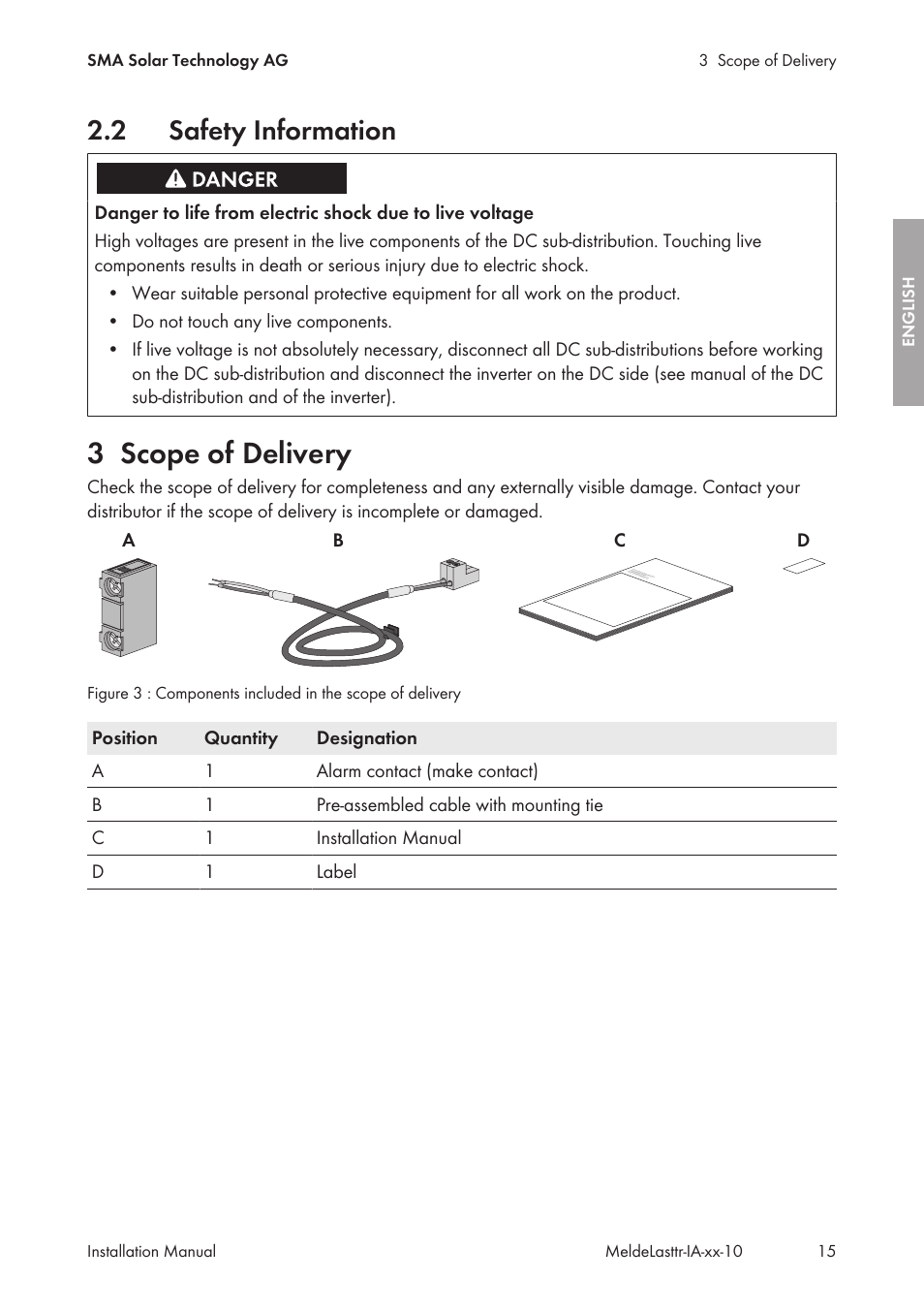 2 safety information, 3 scope of delivery, Safety information | Scope of delivery | SMA String-Monitors Alarm Contact Kit User Manual | Page 15 / 86
