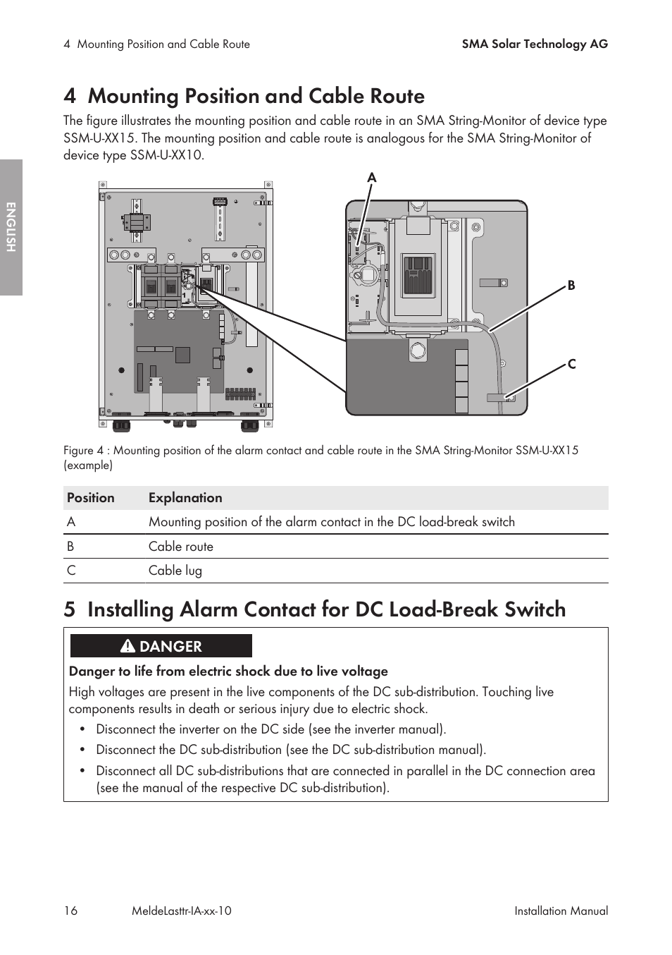 4 mounting position and cable route, Mounting position and cable route, Installing alarm contact for dc load-break switch | SMA String-Monitors Alarm Contact Kit User Manual | Page 16 / 86