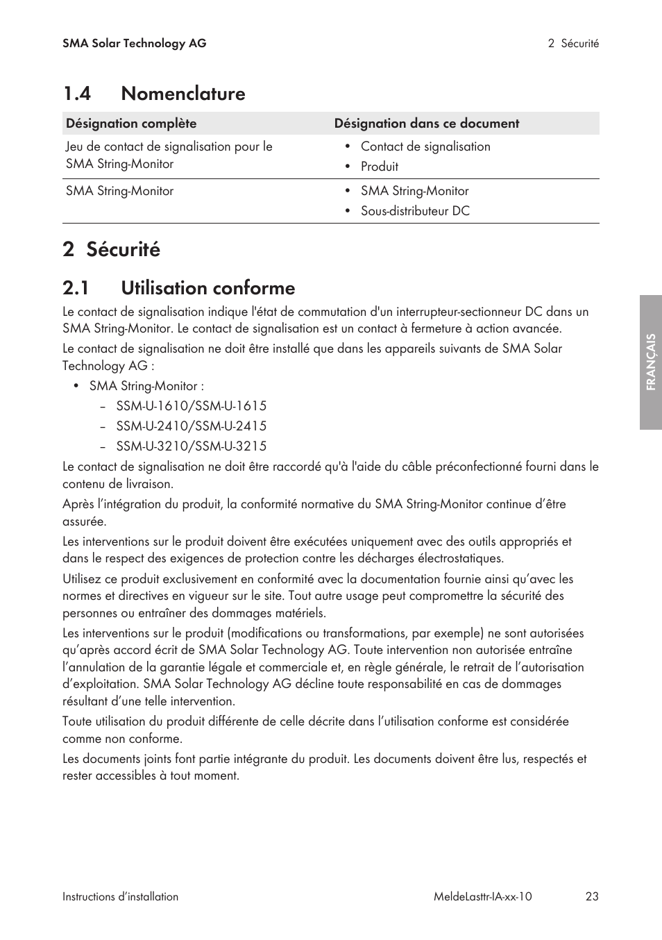 4 nomenclature, 2 sécurité, 1 utilisation conforme | Nomenclature, Sécurité, Utilisation conforme | SMA String-Monitors Alarm Contact Kit User Manual | Page 23 / 86