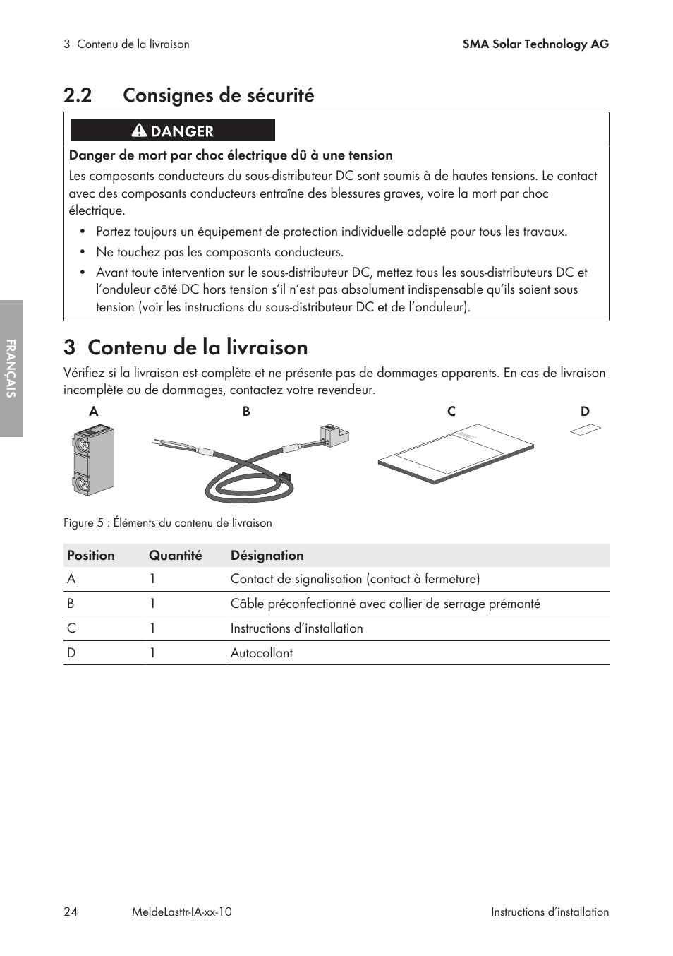 2 consignes de sécurité, 3 contenu de la livraison, Consignes de sécurité | Contenu de la livraison | SMA String-Monitors Alarm Contact Kit User Manual | Page 24 / 86