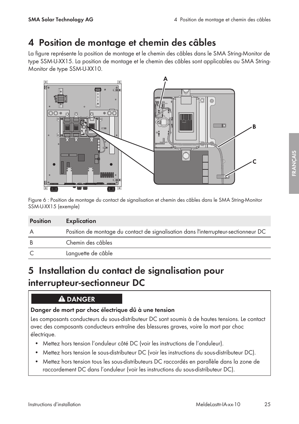 4 position de montage et chemin des câbles, Position de montage et chemin des câbles | SMA String-Monitors Alarm Contact Kit User Manual | Page 25 / 86