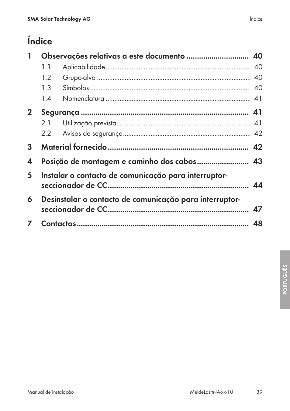 Índice | SMA String-Monitors Alarm Contact Kit User Manual | Page 39 / 86