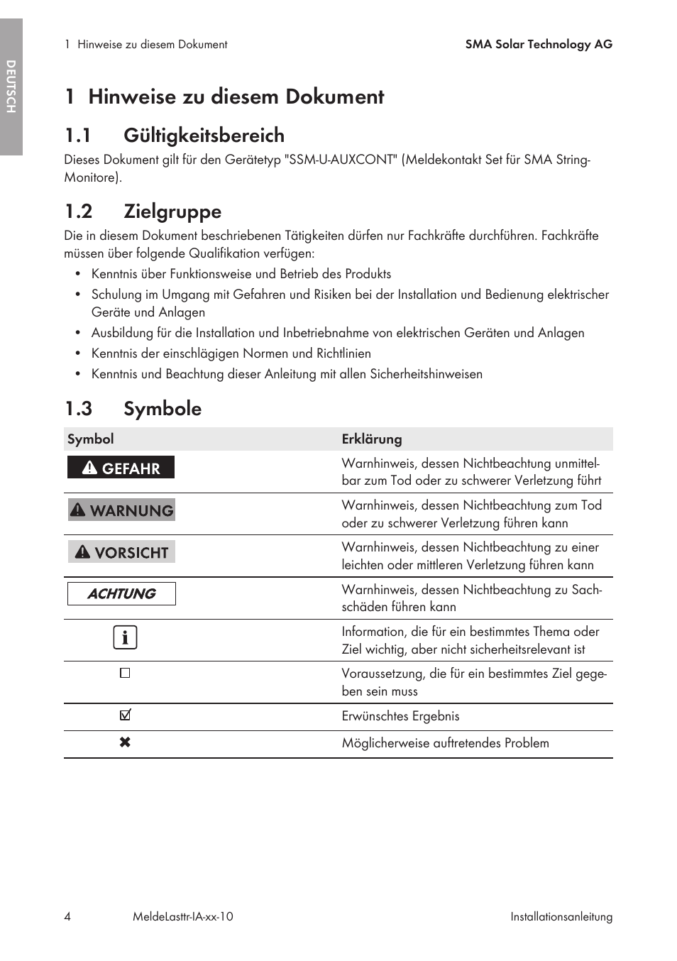 1 hinweise zu diesem dokument, 1 gültigkeitsbereich, 2 zielgruppe | 3 symbole, Hinweise zu diesem dokument, Gültigkeitsbereich, Zielgruppe, Symbole | SMA String-Monitors Alarm Contact Kit User Manual | Page 4 / 86
