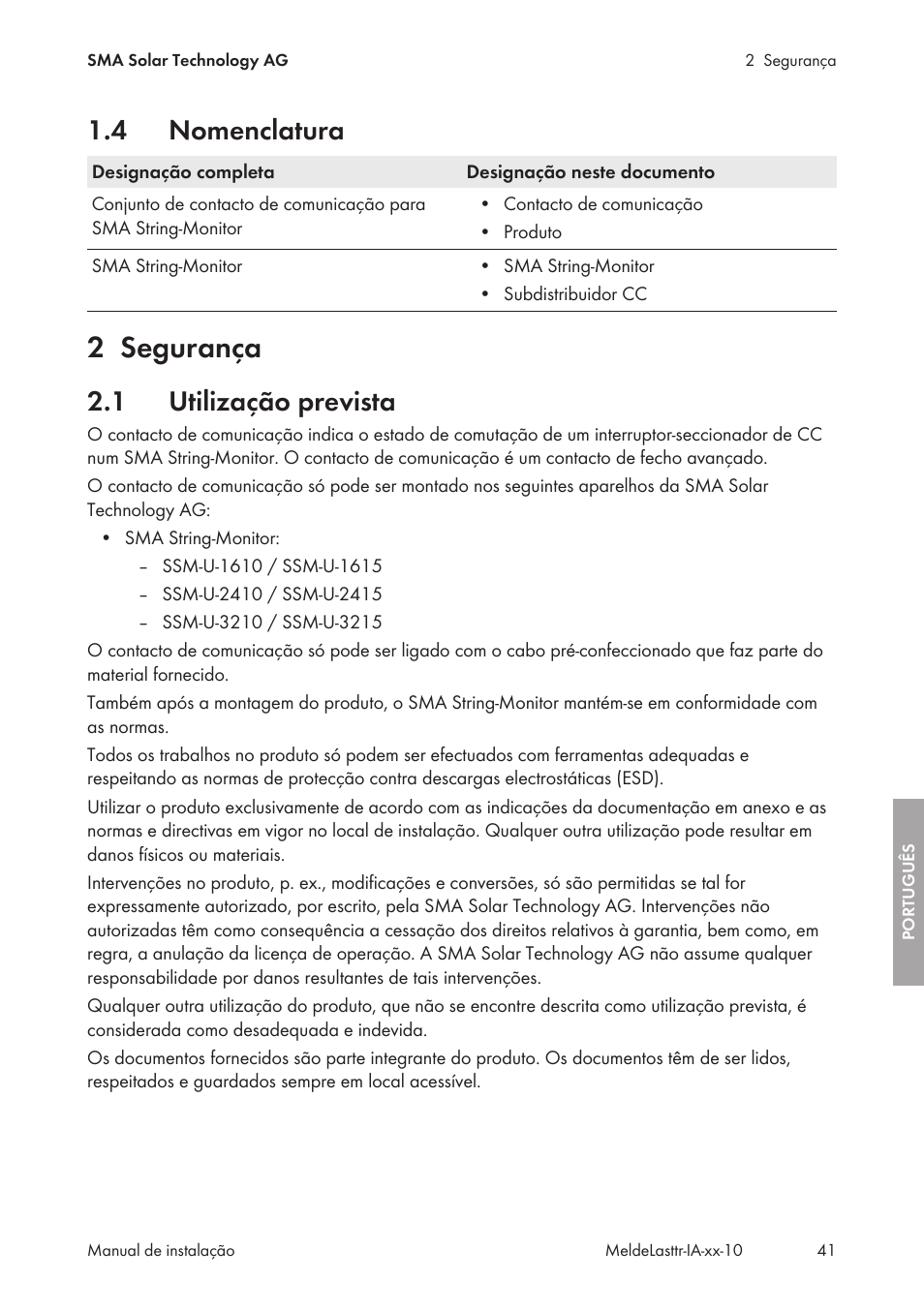 4 nomenclatura, 2 segurança, 1 utilização prevista | Nomenclatura, Segurança, Utilização prevista | SMA String-Monitors Alarm Contact Kit User Manual | Page 41 / 86