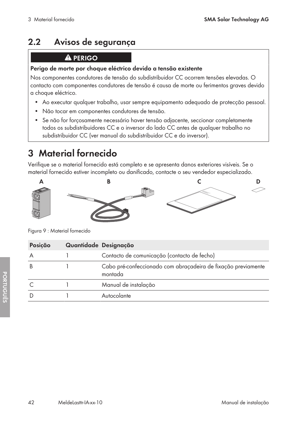 2 avisos de segurança, 3 material fornecido, Avisos de segurança | Material fornecido | SMA String-Monitors Alarm Contact Kit User Manual | Page 42 / 86