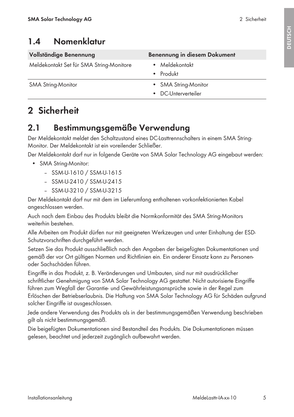 4 nomenklatur, 2 sicherheit, 1 bestimmungsgemäße verwendung | Nomenklatur, Sicherheit, Bestimmungsgemäße verwendung | SMA String-Monitors Alarm Contact Kit User Manual | Page 5 / 86