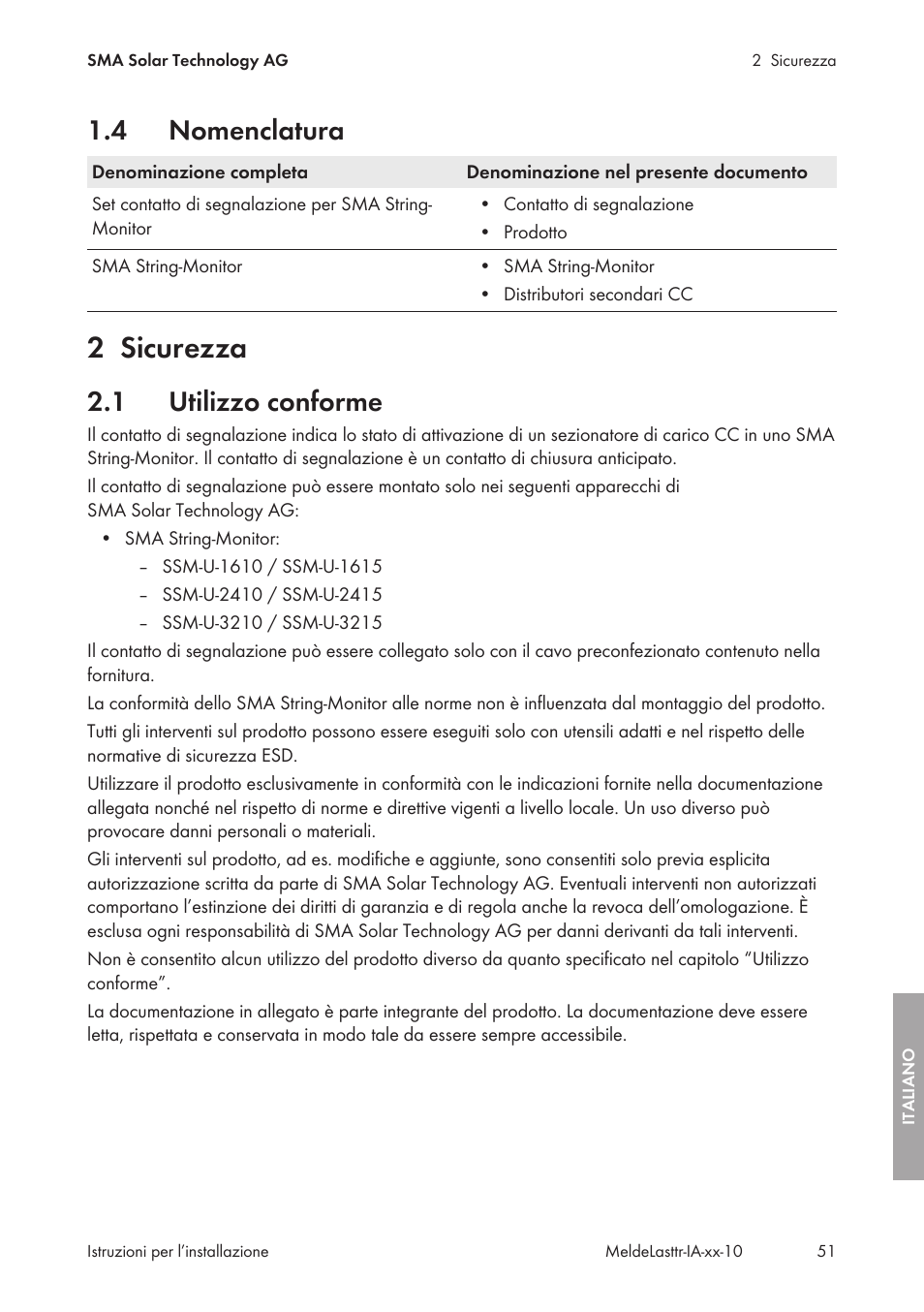 4 nomenclatura, 2 sicurezza, 1 utilizzo conforme | Nomenclatura, Sicurezza, Utilizzo conforme | SMA String-Monitors Alarm Contact Kit User Manual | Page 51 / 86