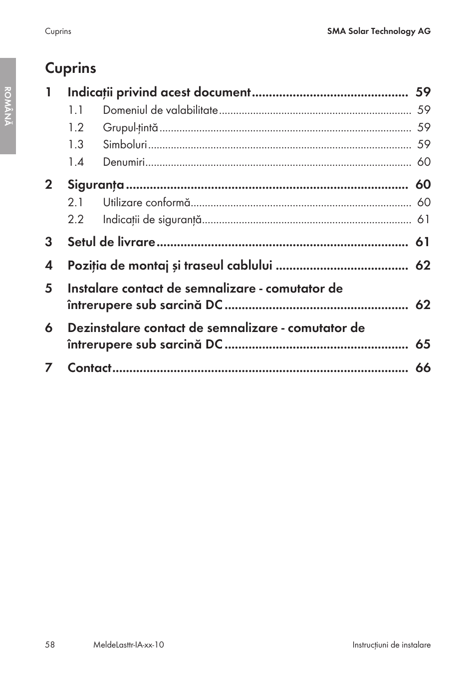Cuprins | SMA String-Monitors Alarm Contact Kit User Manual | Page 58 / 86