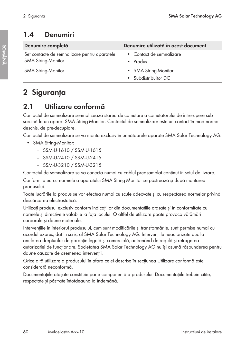 4 denumiri, 2 siguranţa, 1 utilizare conformă | Denumiri, Siguranţa, Utilizare conformă | SMA String-Monitors Alarm Contact Kit User Manual | Page 60 / 86