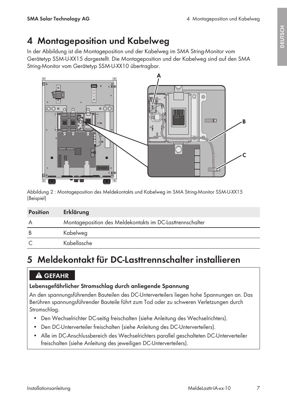 4 montageposition und kabelweg, Montageposition und kabelweg, Meldekontakt für dc-lasttrennschalter installieren | SMA String-Monitors Alarm Contact Kit User Manual | Page 7 / 86