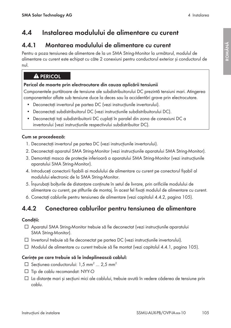4 instalarea modulului de alimentare cu curent, 1 montarea modulului de alimentare cu curent, Instalarea modulului de alimentare cu curent | Montarea modulului de alimentare cu curent | SMA External Supply Voltage 230 V User Manual | Page 105 / 144