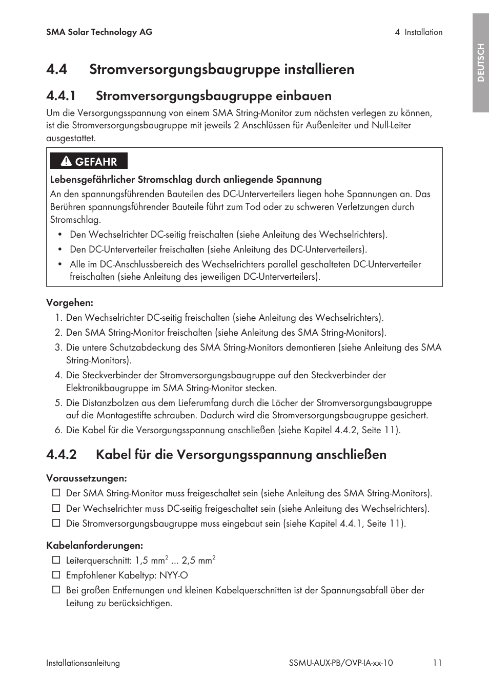 4 stromversorgungsbaugruppe installieren, 1 stromversorgungsbaugruppe einbauen, 2 kabel für die versorgungsspannung anschließen | Stromversorgungsbaugruppe installieren, Stromversorgungsbaugruppe einbauen, Kabel für die versorgungsspannung anschließen | SMA External Supply Voltage 230 V User Manual | Page 11 / 144