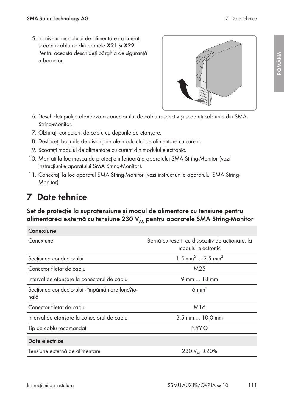 7 date tehnice, Date tehnice | SMA External Supply Voltage 230 V User Manual | Page 111 / 144
