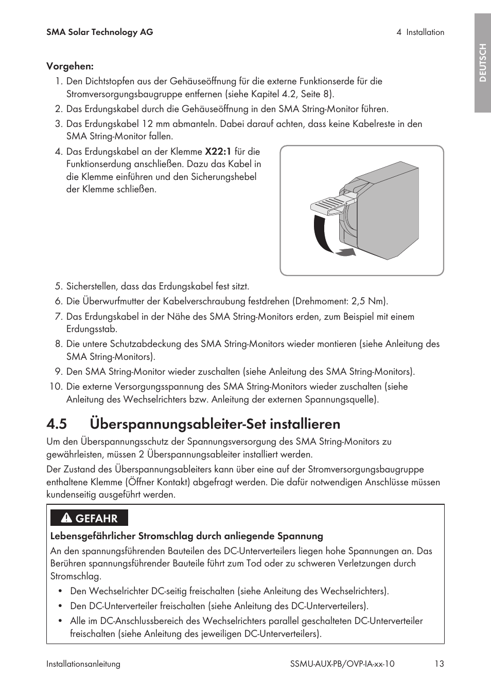 5 überspannungsableiter-set installieren, Überspannungsableiter-set installieren | SMA External Supply Voltage 230 V User Manual | Page 13 / 144