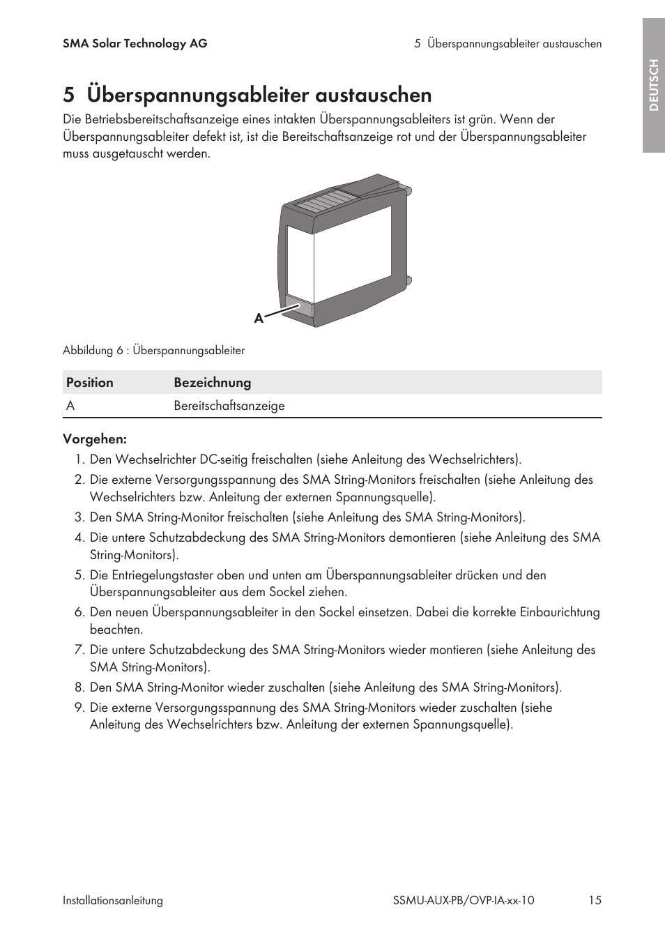 5 überspannungsableiter austauschen, Überspannungsableiter austauschen | SMA External Supply Voltage 230 V User Manual | Page 15 / 144