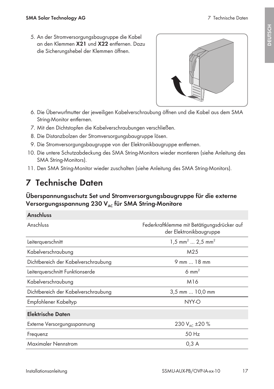 7 technische daten, Technische daten | SMA External Supply Voltage 230 V User Manual | Page 17 / 144