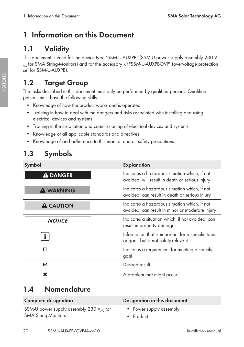 1 information on this document, 1 validity, 2 target group | 3 symbols, 4 nomenclature, Information on this document, Validity, Target group, Symbols, Nomenclature | SMA External Supply Voltage 230 V User Manual | Page 20 / 144