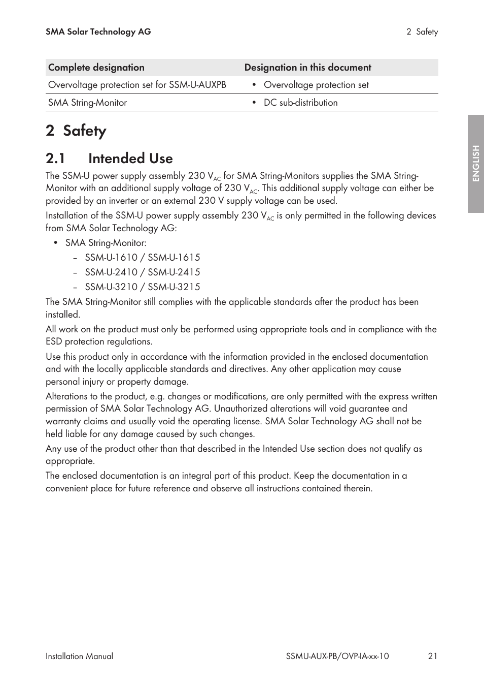 2 safety, 1 intended use, Safety | Intended use | SMA External Supply Voltage 230 V User Manual | Page 21 / 144