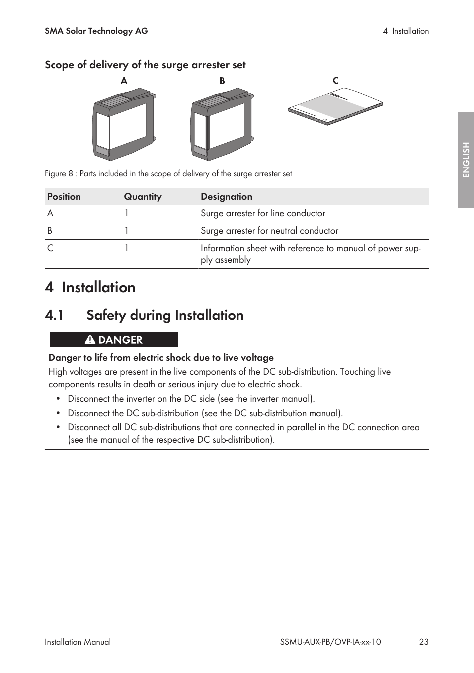 4 installation, 1 safety during installation, Installation | Safety during installation | SMA External Supply Voltage 230 V User Manual | Page 23 / 144