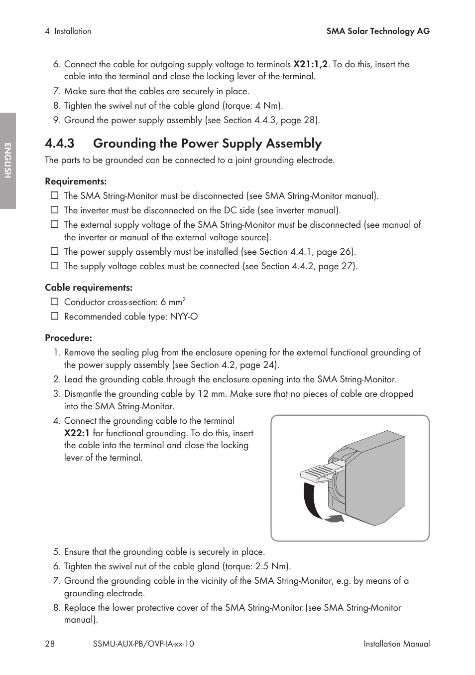 3 grounding the power supply assembly, Grounding the power supply assembly | SMA External Supply Voltage 230 V User Manual | Page 28 / 144