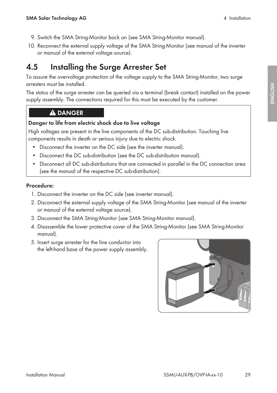 5 installing the surge arrester set, Installing the surge arrester set | SMA External Supply Voltage 230 V User Manual | Page 29 / 144