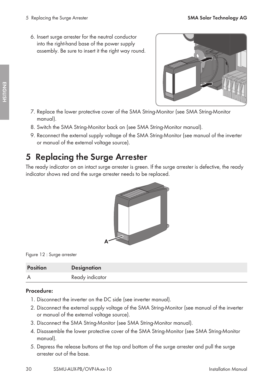 5 replacing the surge arrester, Replacing the surge arrester | SMA External Supply Voltage 230 V User Manual | Page 30 / 144