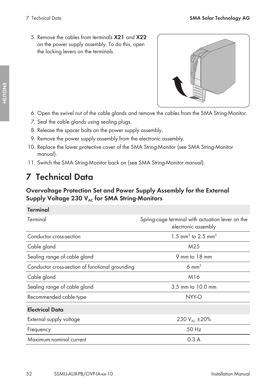 7 technical data, Technical data | SMA External Supply Voltage 230 V User Manual | Page 32 / 144