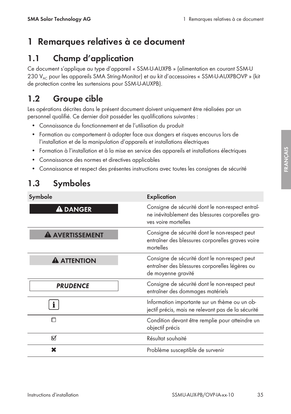 1 remarques relatives à ce document, 1 champ d’application, 2 groupe cible | 3 symboles, Remarques relatives à ce document, Champ d’application, Groupe cible, Symboles | SMA External Supply Voltage 230 V User Manual | Page 35 / 144