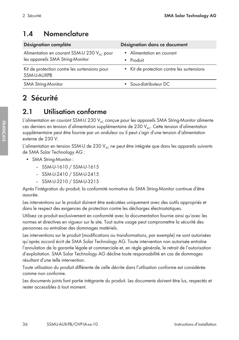 4 nomenclature, 2 sécurité, 1 utilisation conforme | Nomenclature, Sécurité, Utilisation conforme | SMA External Supply Voltage 230 V User Manual | Page 36 / 144