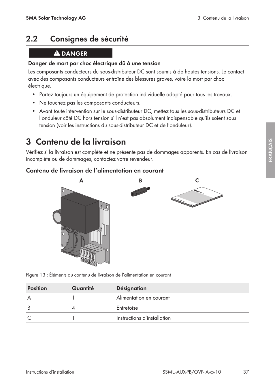 2 consignes de sécurité, 3 contenu de la livraison, Consignes de sécurité | Contenu de la livraison | SMA External Supply Voltage 230 V User Manual | Page 37 / 144