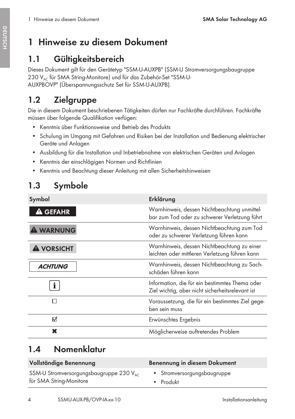1 hinweise zu diesem dokument, 1 gültigkeitsbereich, 2 zielgruppe | 3 symbole, 4 nomenklatur, Hinweise zu diesem dokument, Gültigkeitsbereich, Zielgruppe, Symbole, Nomenklatur | SMA External Supply Voltage 230 V User Manual | Page 4 / 144