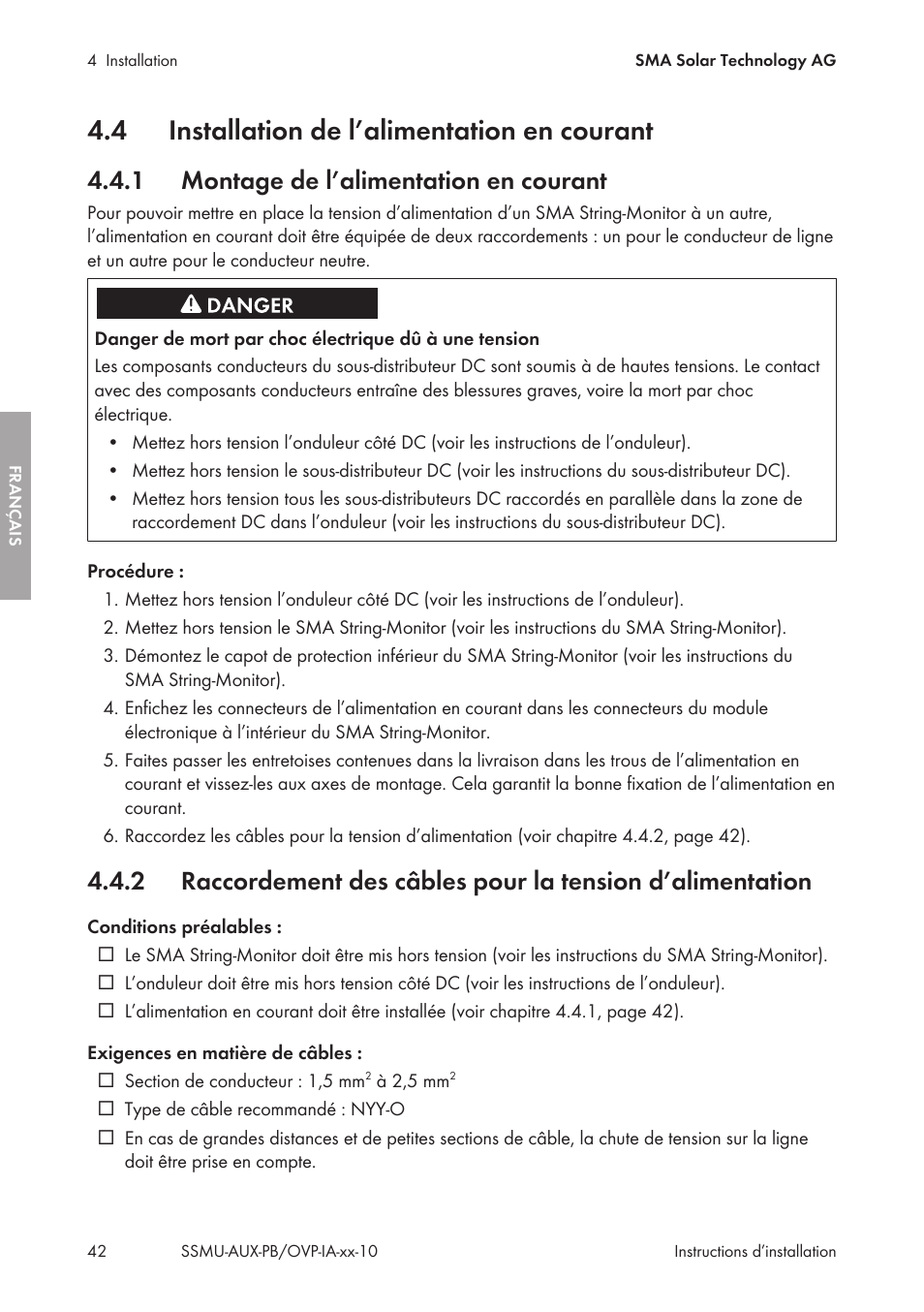 4 installation de l’alimentation en courant, 1 montage de l’alimentation en courant, Installation de l’alimentation en courant | Montage de l’alimentation en courant | SMA External Supply Voltage 230 V User Manual | Page 42 / 144