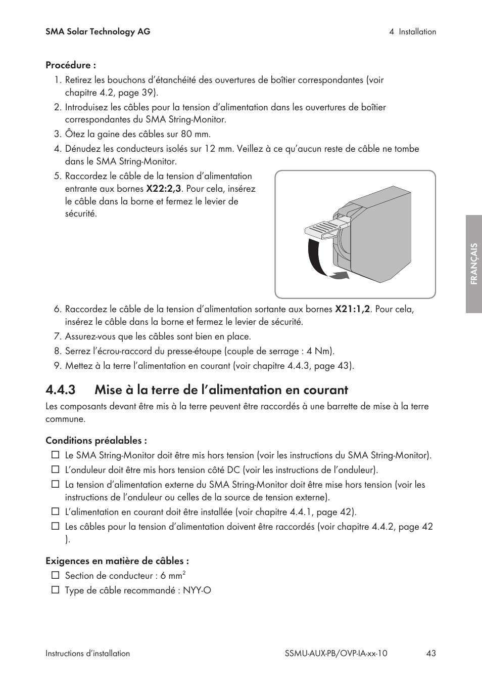 3 mise à la terre de l’alimentation en courant, Mise à la terre de l’alimentation en courant | SMA External Supply Voltage 230 V User Manual | Page 43 / 144