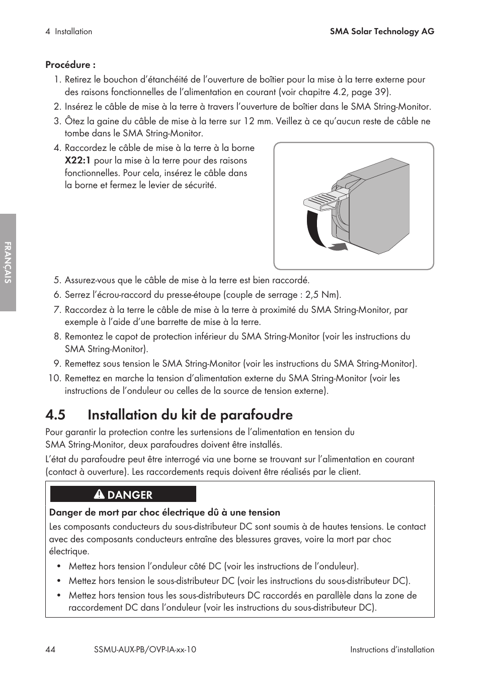 5 installation du kit de parafoudre, Installation du kit de parafoudre | SMA External Supply Voltage 230 V User Manual | Page 44 / 144