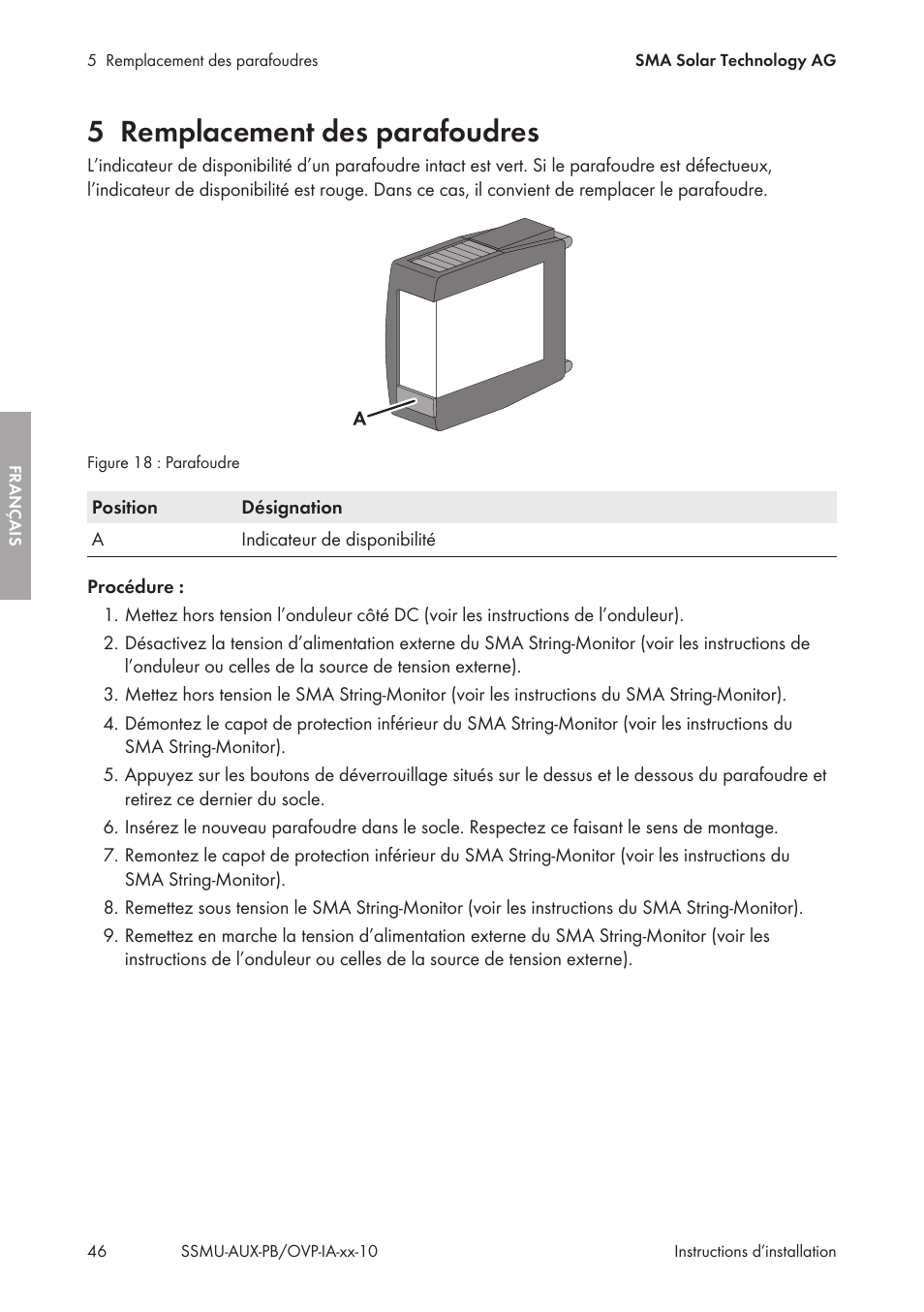 5 remplacement des parafoudres, Remplacement des parafoudres | SMA External Supply Voltage 230 V User Manual | Page 46 / 144