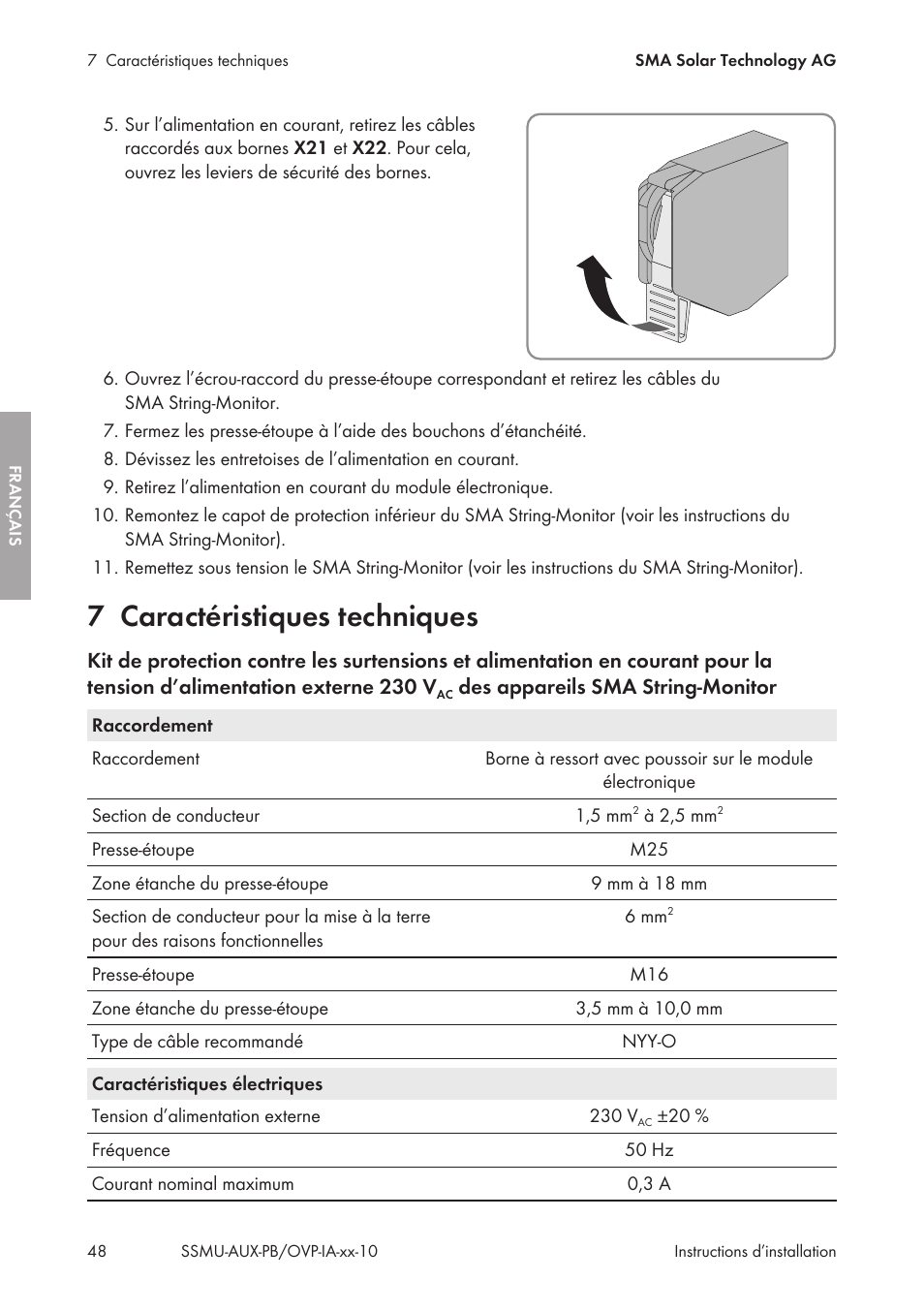 7 caractéristiques techniques, Caractéristiques techniques | SMA External Supply Voltage 230 V User Manual | Page 48 / 144