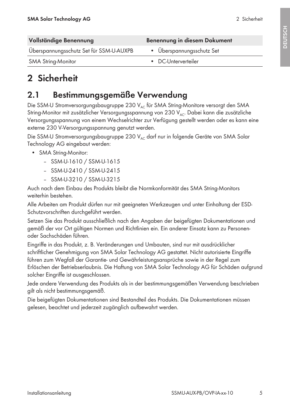 2 sicherheit, 1 bestimmungsgemäße verwendung, Sicherheit | Bestimmungsgemäße verwendung | SMA External Supply Voltage 230 V User Manual | Page 5 / 144