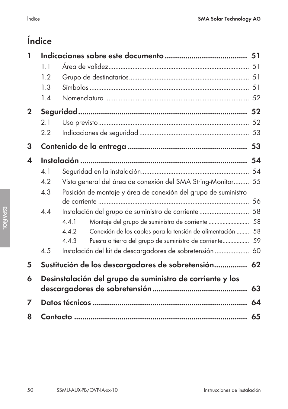 Índice | SMA External Supply Voltage 230 V User Manual | Page 50 / 144