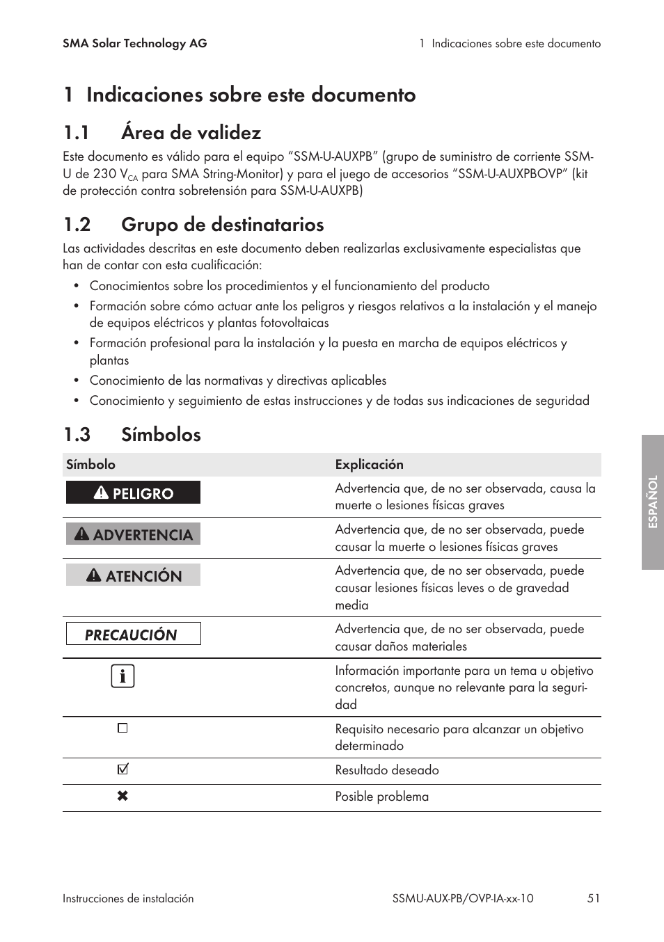 1 indicaciones sobre este documento, 1 área de validez, 2 grupo de destinatarios | 3 símbolos, Indicaciones sobre este documento, Área de validez, Grupo de destinatarios, Símbolos | SMA External Supply Voltage 230 V User Manual | Page 51 / 144