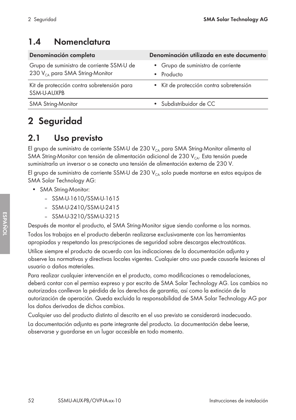 4 nomenclatura, 2 seguridad, 1 uso previsto | Nomenclatura, Seguridad, Uso previsto | SMA External Supply Voltage 230 V User Manual | Page 52 / 144
