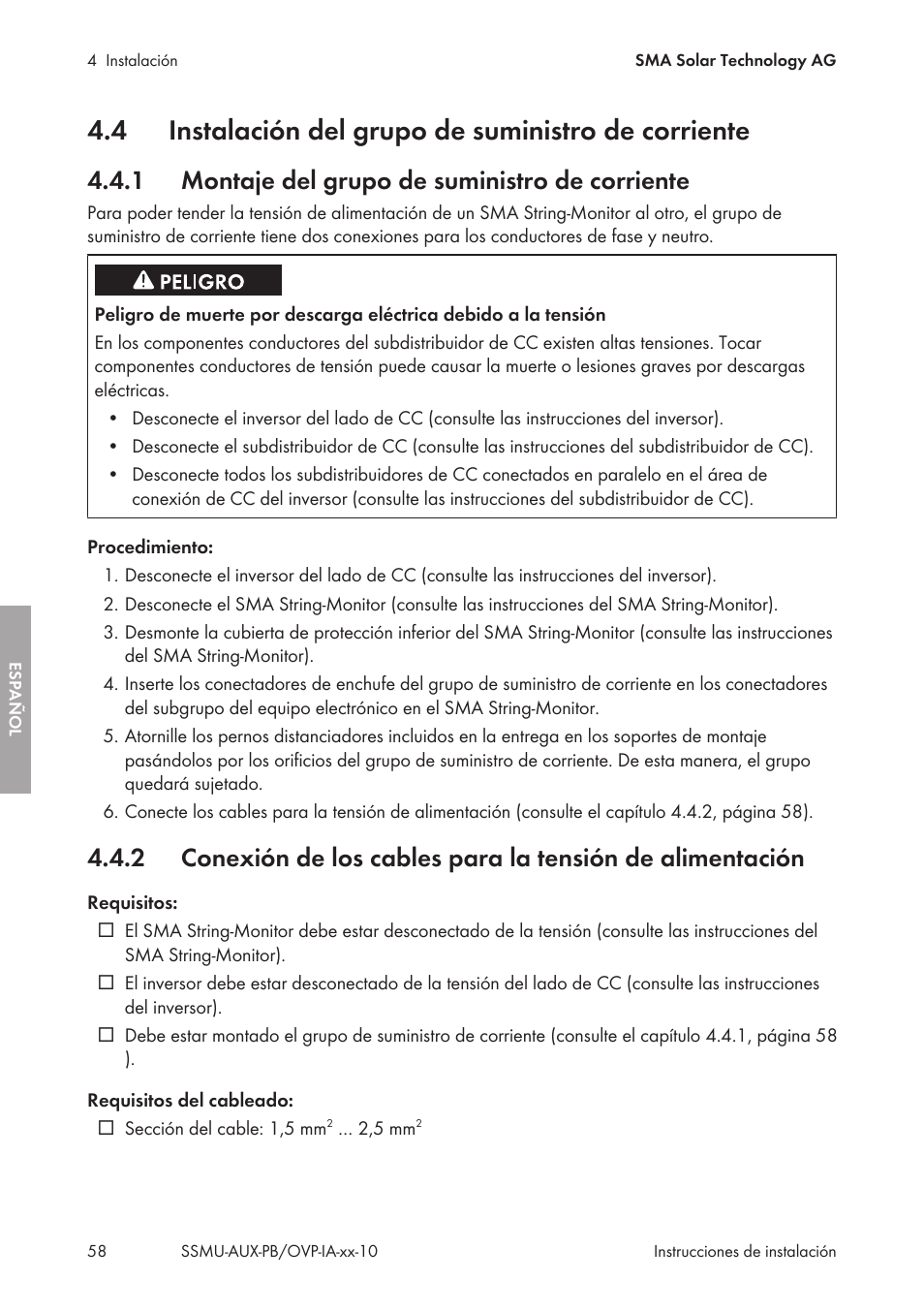 4 instalación del grupo de suministro de corriente, 1 montaje del grupo de suministro de corriente, Instalación del grupo de suministro de corriente | Montaje del grupo de suministro de corriente | SMA External Supply Voltage 230 V User Manual | Page 58 / 144
