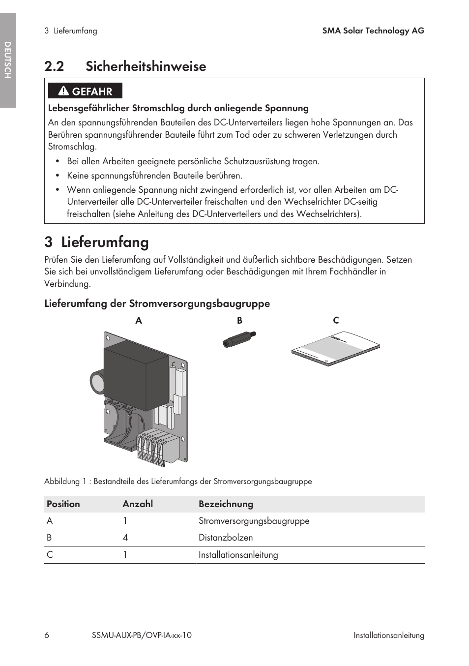 2 sicherheitshinweise, 3 lieferumfang, Sicherheitshinweise | Lieferumfang | SMA External Supply Voltage 230 V User Manual | Page 6 / 144