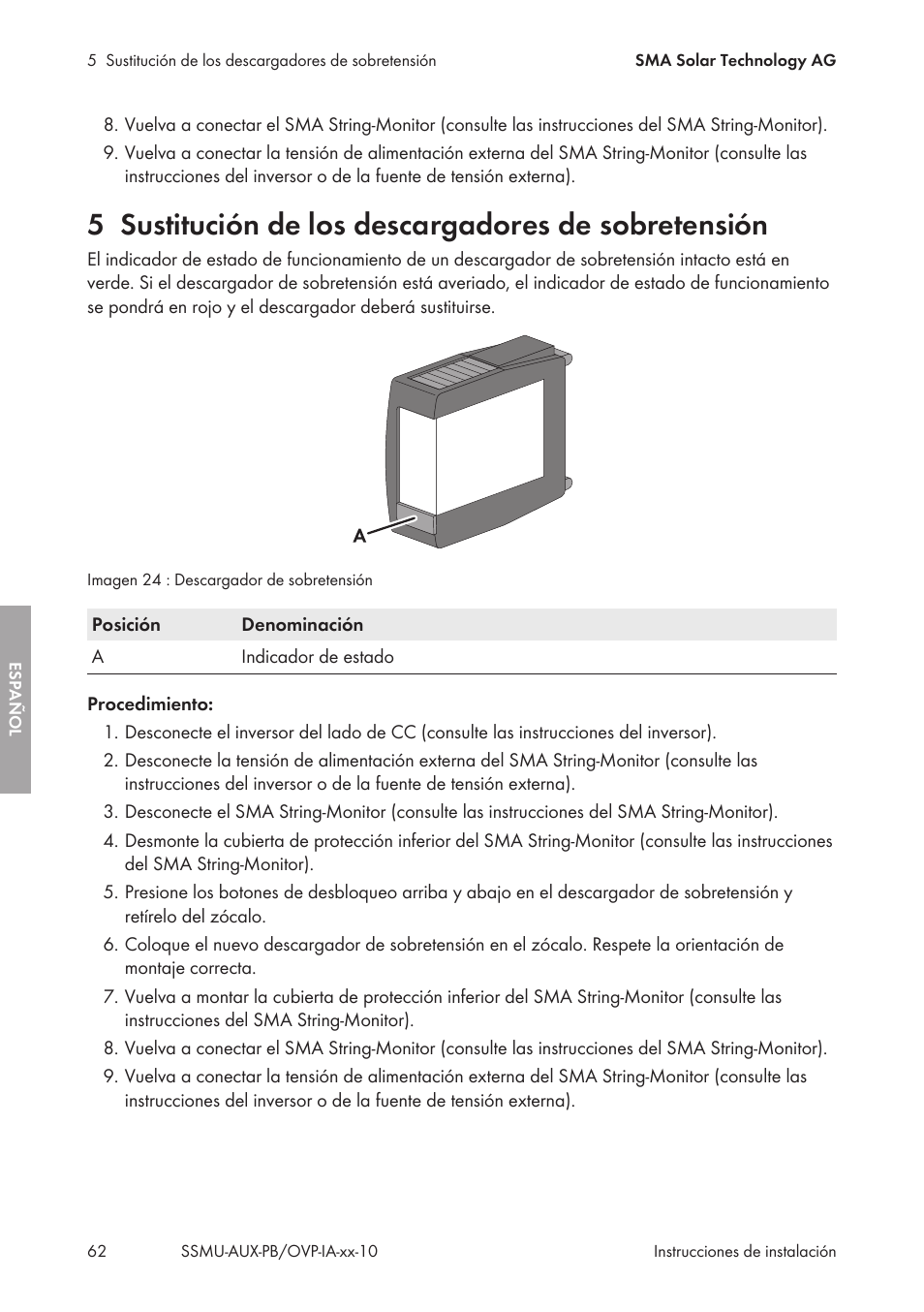 5 sustitución de los descargadores de sobretensión, Sustitución de los descargadores de sobretensión | SMA External Supply Voltage 230 V User Manual | Page 62 / 144