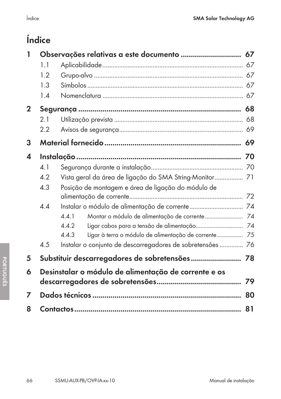 Índice | SMA External Supply Voltage 230 V User Manual | Page 66 / 144