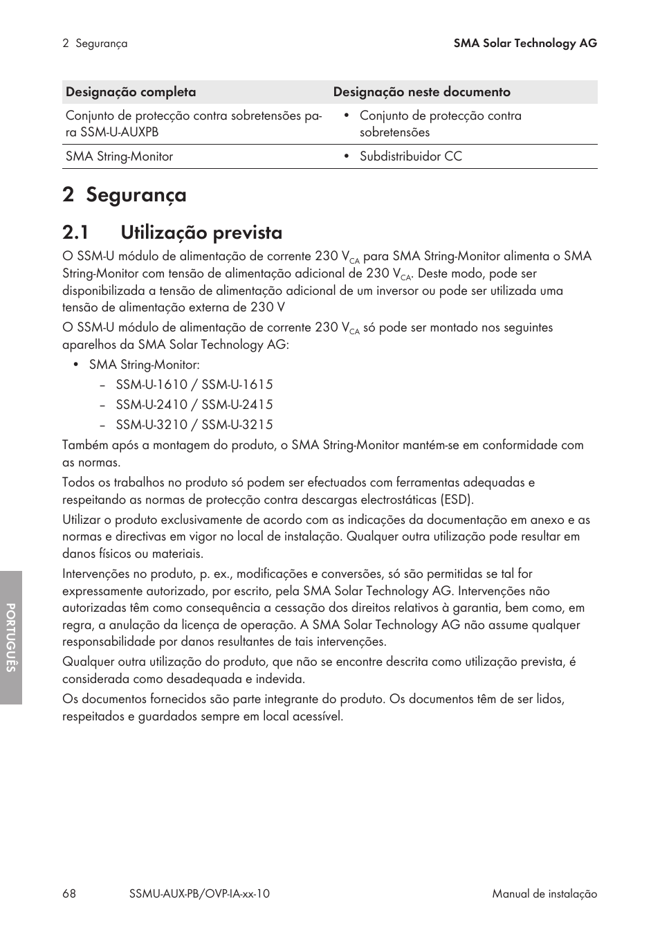 2 segurança, 1 utilização prevista, Segurança | Utilização prevista | SMA External Supply Voltage 230 V User Manual | Page 68 / 144